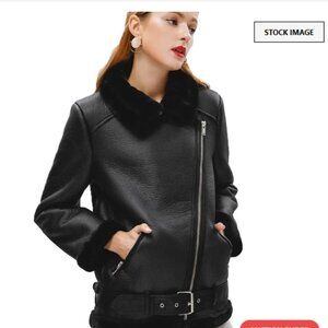 Winter Women's Faux Leather Lambs Leather Jacket Moto Biker Short Coat Wool Fur